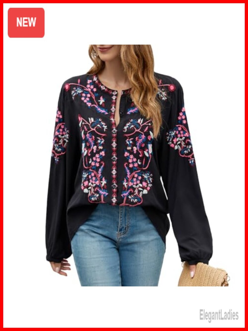 Womens Embroidered Peasant Tunic Top Long Sleeve Cotton Rayon Blouse